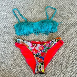 Small SUPER CUTE Bikini - fringe top (removable straps) and reversible bottom